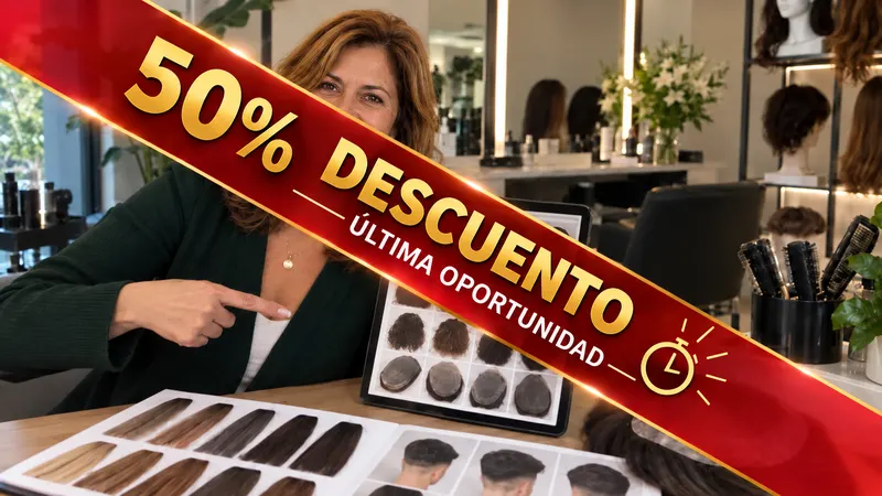 Franja de 50% de descuento sobre foto de profesional presentando en una tablet la galería de modelos de prótesis capilar, separados por textura y acabado